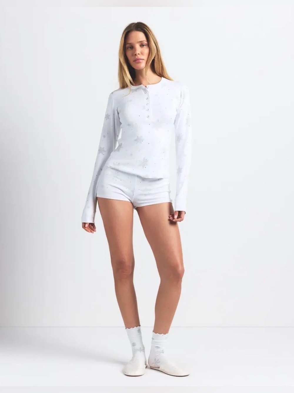SKIMS Logo Snowflake Plush Pointelle Rhinestone Henley Set Size: Medium